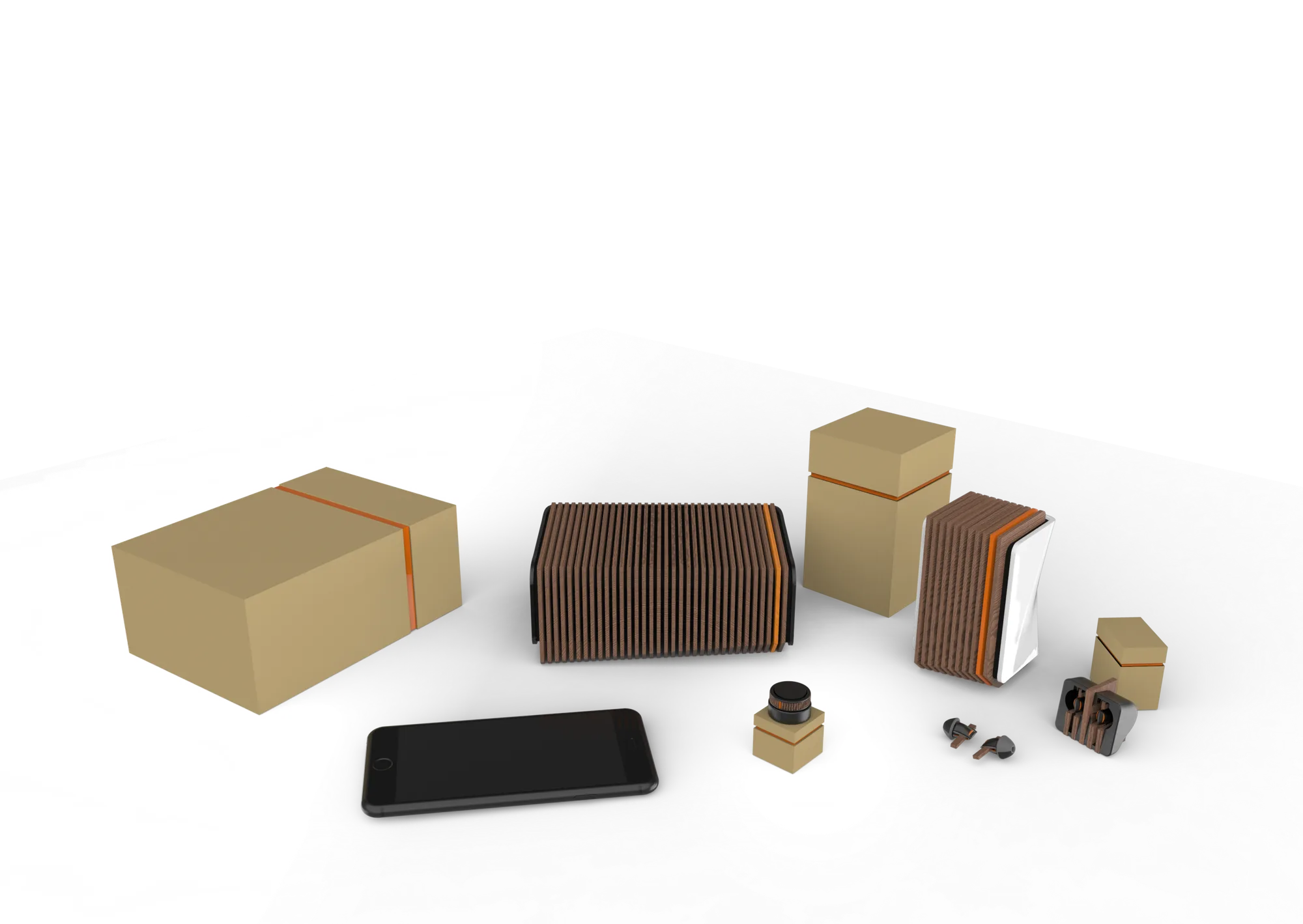 A render of the Epoc product family: a hub, a mobile phone, and smaller devices