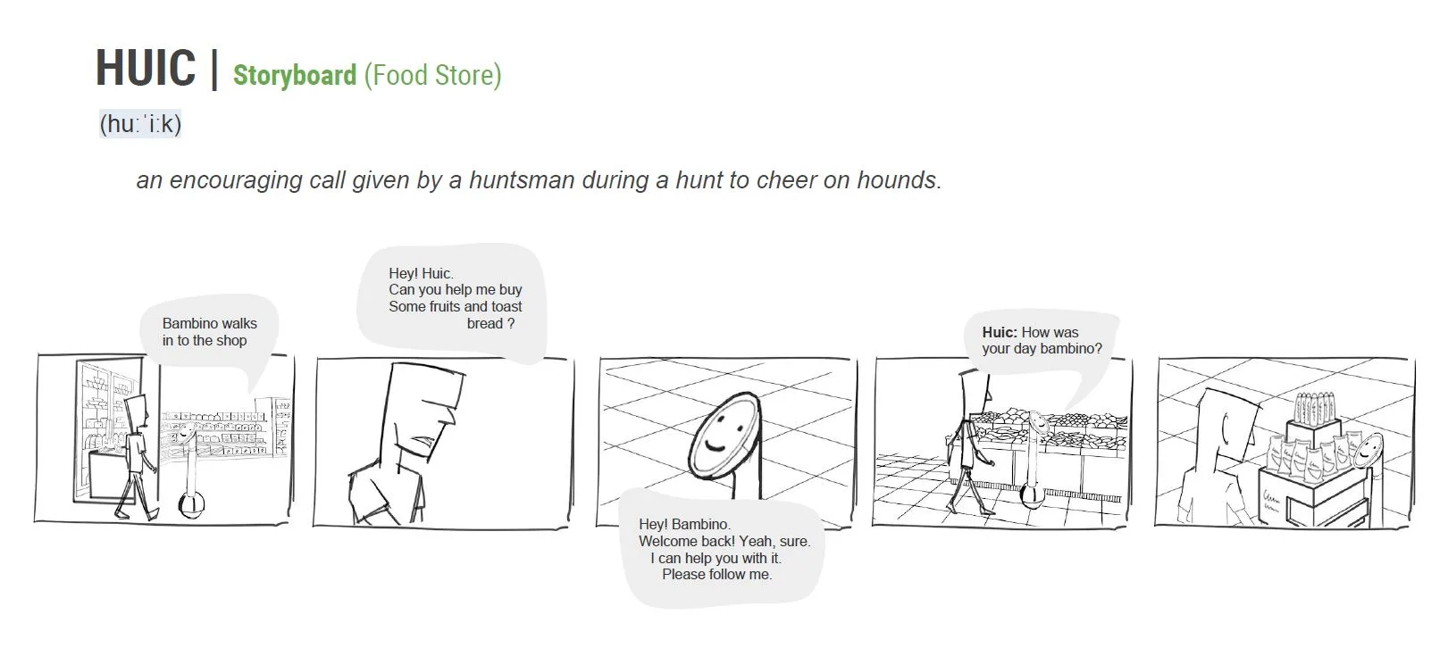 A storyboard of Huic helping a shopper in a food store