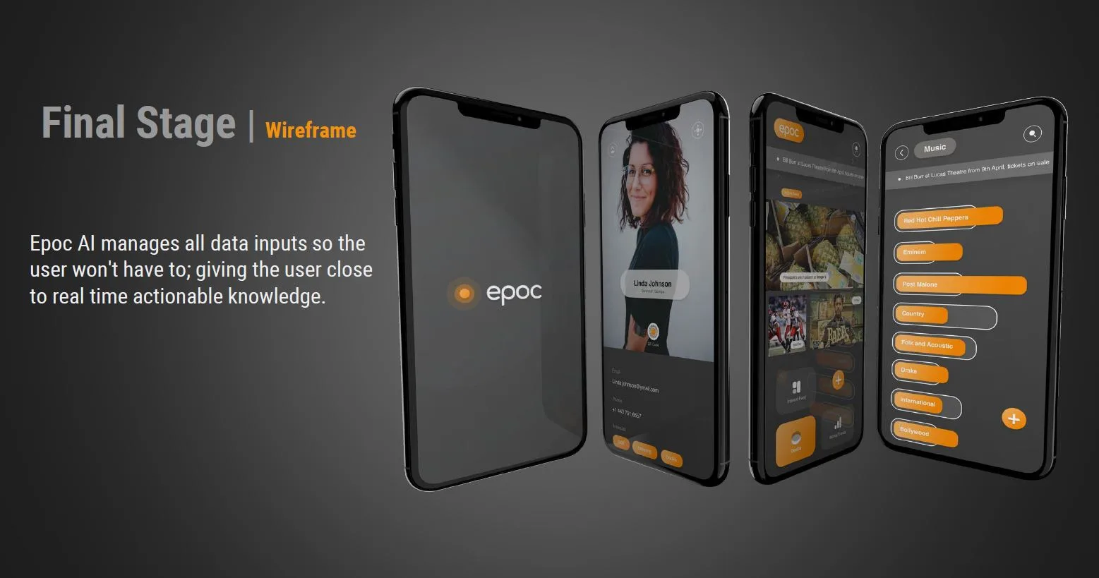 Hi-fi Epoc app screens shown on phones
