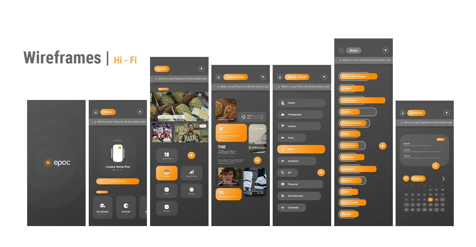 Hi-fi wireframes of the Epoc app screens