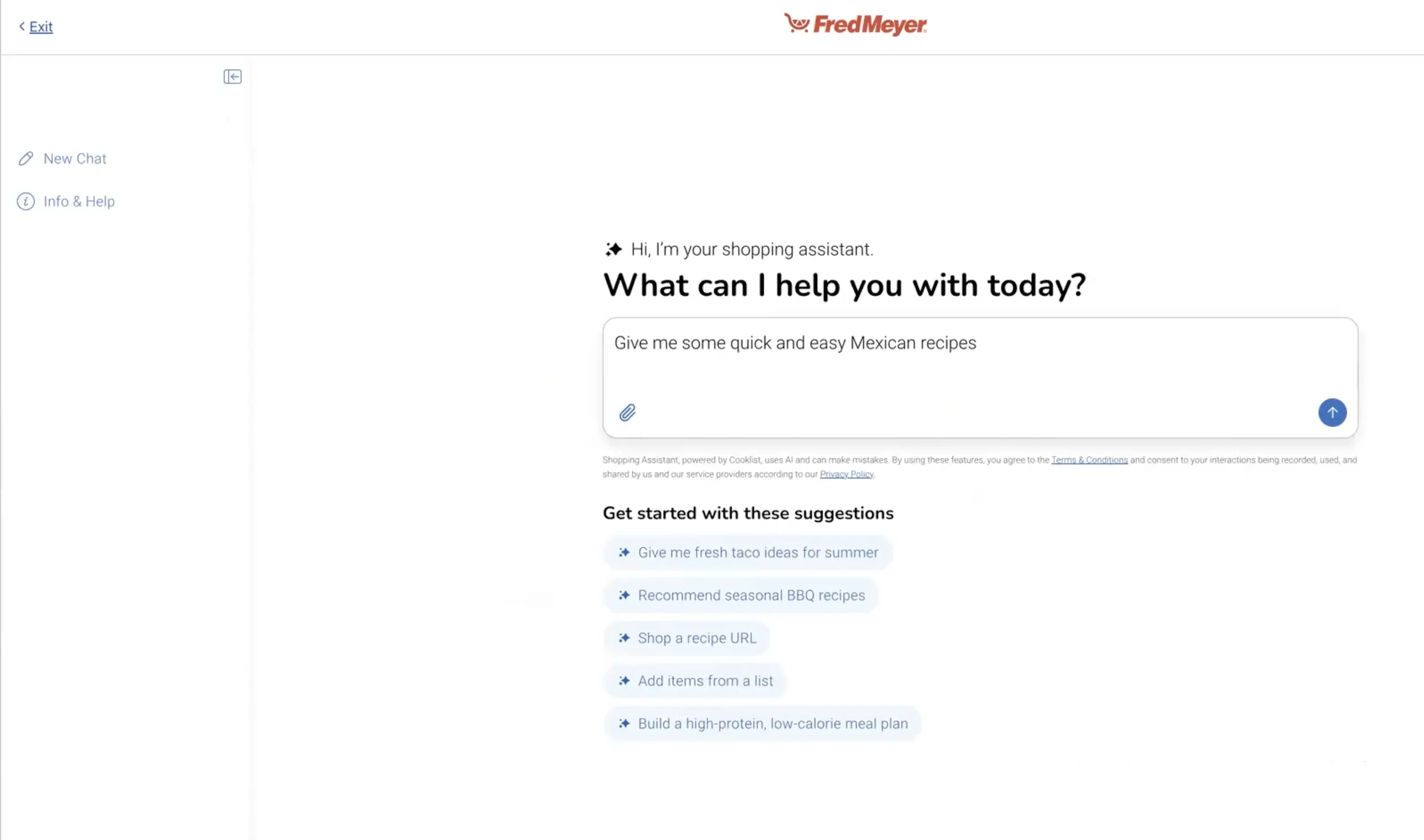 Tool C, Cooklist: a standalone shopping assistant page with suggested prompts