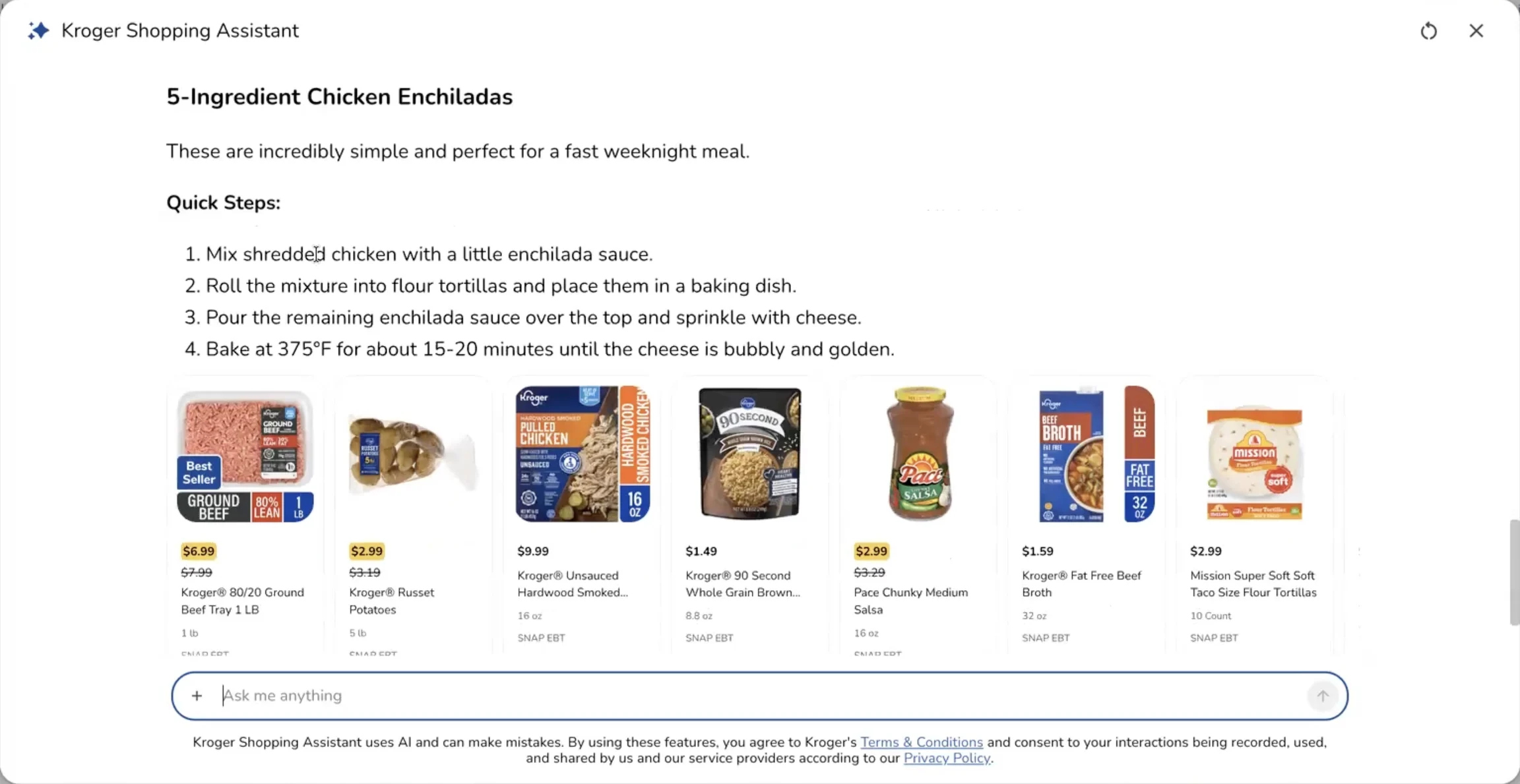 Alpha answering with a chicken enchilada recipe, its steps, and a row of shoppable products